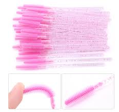 Щіточки для брів та вій / рожева з БЛИСТКАМИ СИЛІКОН / упаковка 50 шт